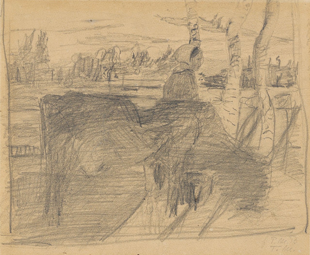 Auf diesem Bild ist das folgende Kunstwerk zu sehen: Paula Modersohn-Becker. „Vorzeichnung zur Radierung ,Die Frau mit der Kuh‘, verso: Sitzende Bäuerin mit Kind auf dem Schoß / Birkenstämme“. 1899.