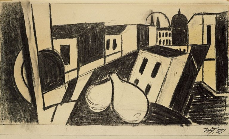 Auf diesem Bild ist das folgende Kunstwerk zu sehen: Werner Heldt. „Häuserstilleben“. 1950.