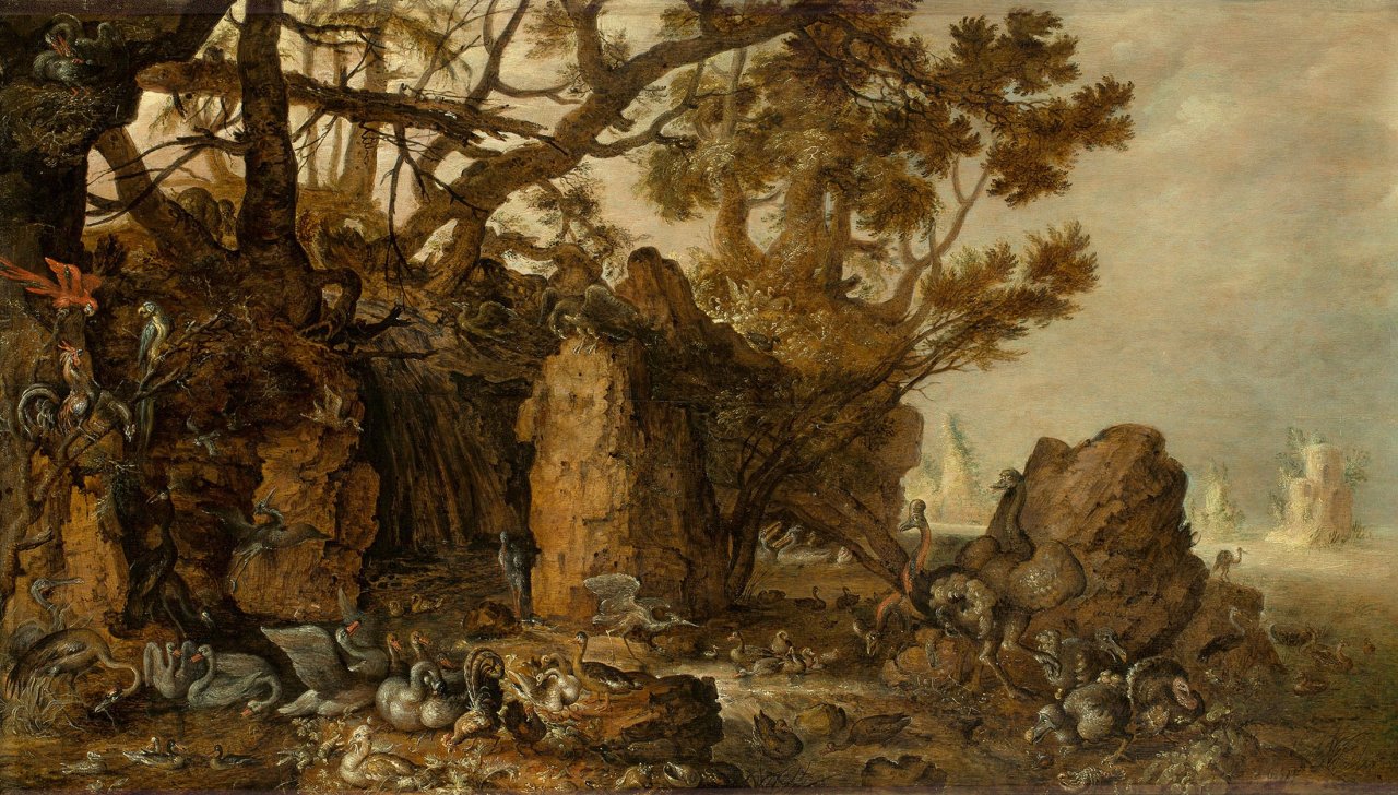 Auf diesem Bild ist das folgende Kunstwerk zu sehen: Hans Savery d.J.. Steinige Küstenlandschaft mit Dodos und anderen Vögeln – nach Roelant Savery (1576/78–1639). 1625/30.
