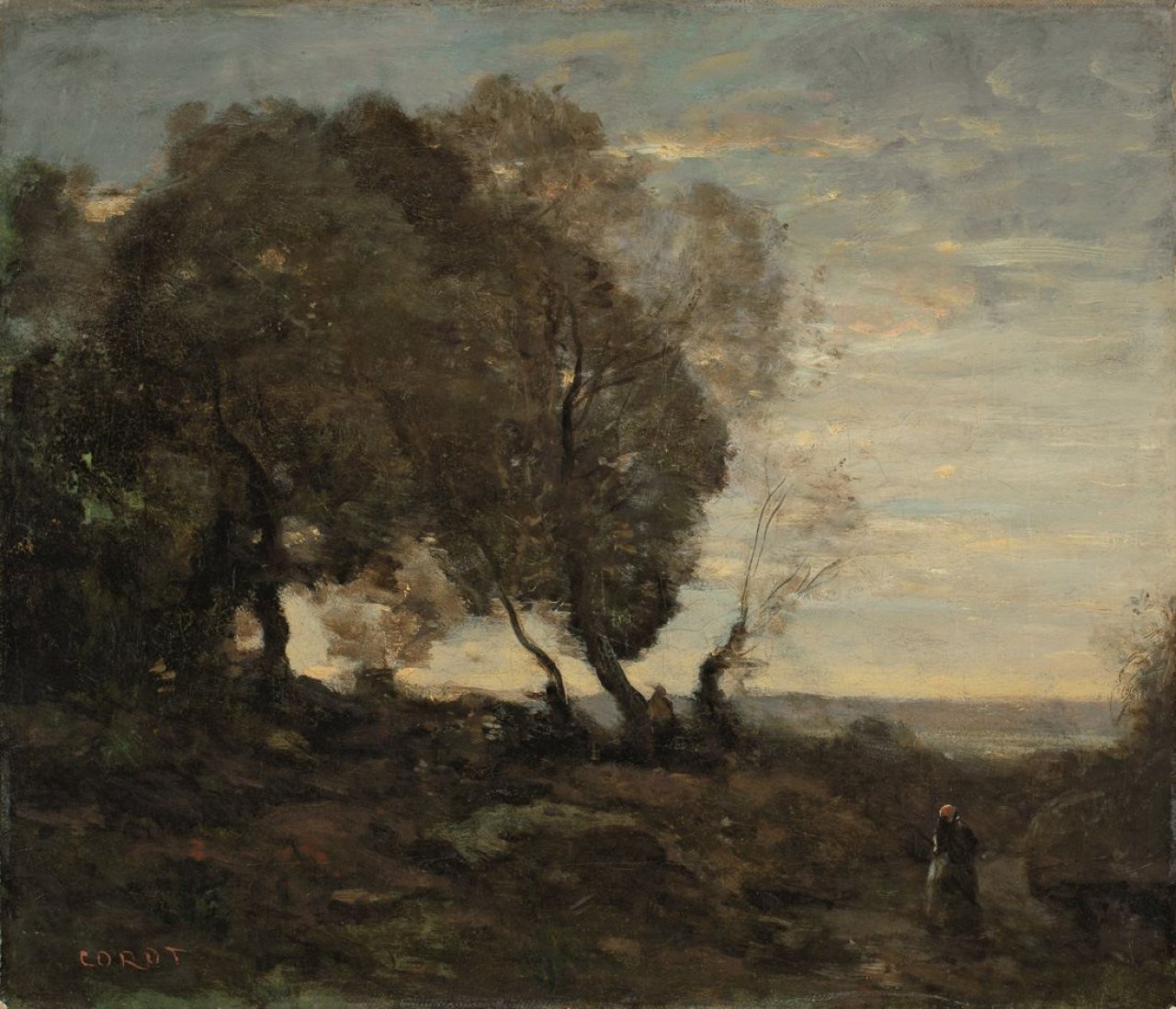 Auf diesem Bild ist das folgende Kunstwerk zu sehen: Jean-Baptiste-Camille Corot. „Arbres tordus sur une crête (Soleil couchant)“. Um 1865/70.