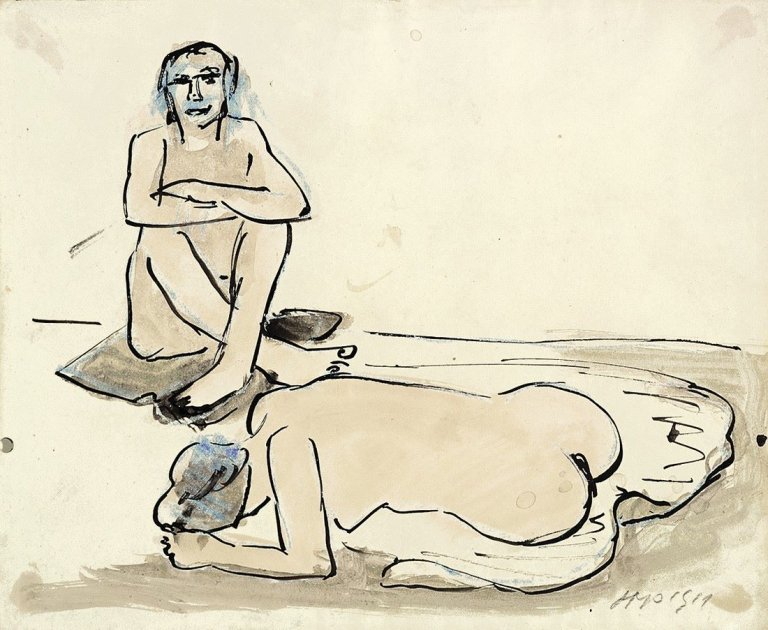 Auf diesem Bild ist das folgende Kunstwerk zu sehen: Max Pechstein. Sitzender und liegender Akt. 1911.