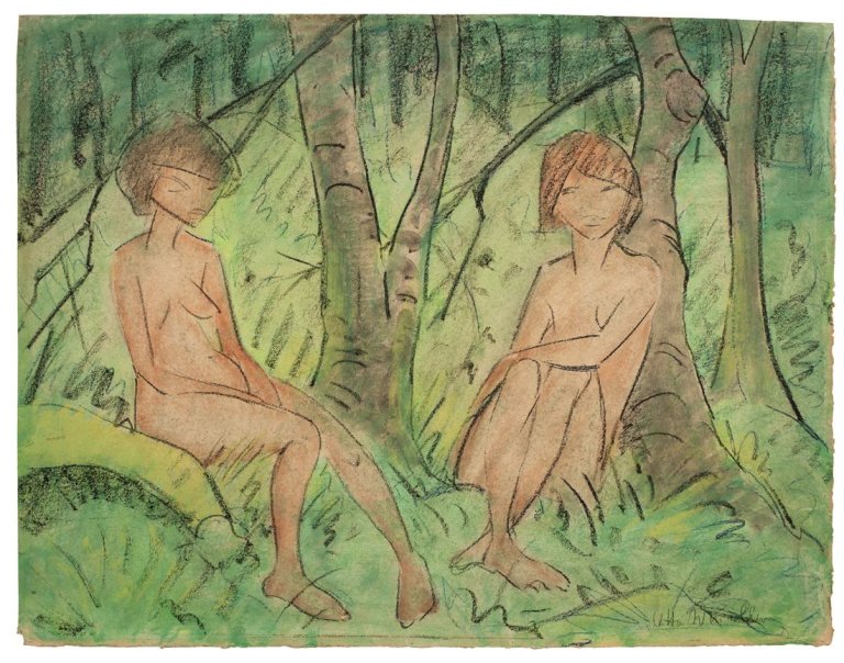 Auf diesem Bild ist das folgende Kunstwerk zu sehen: Otto Mueller. „Zwei Mädchen im Wald“. Um 1925.