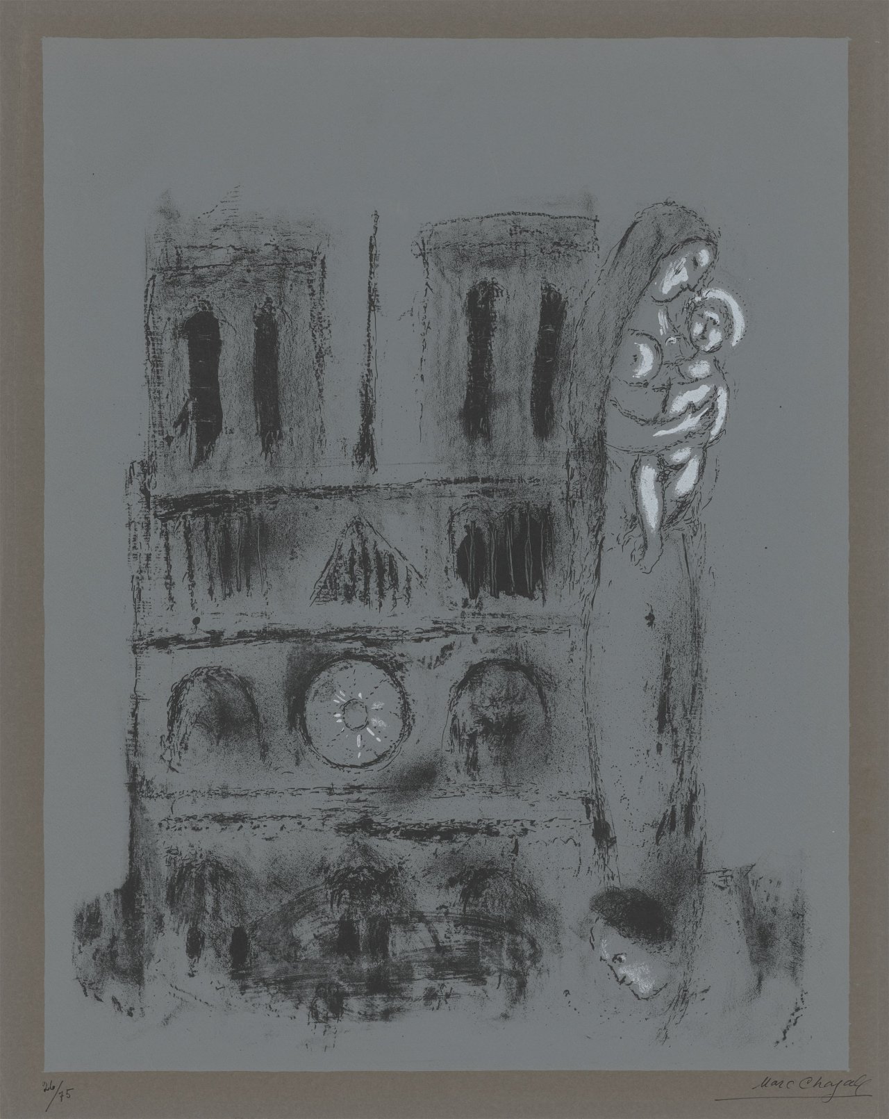 Auf diesem Bild ist das folgende Kunstwerk zu sehen: Marc Chagall. „Notre-Dame en gris“. 1955.