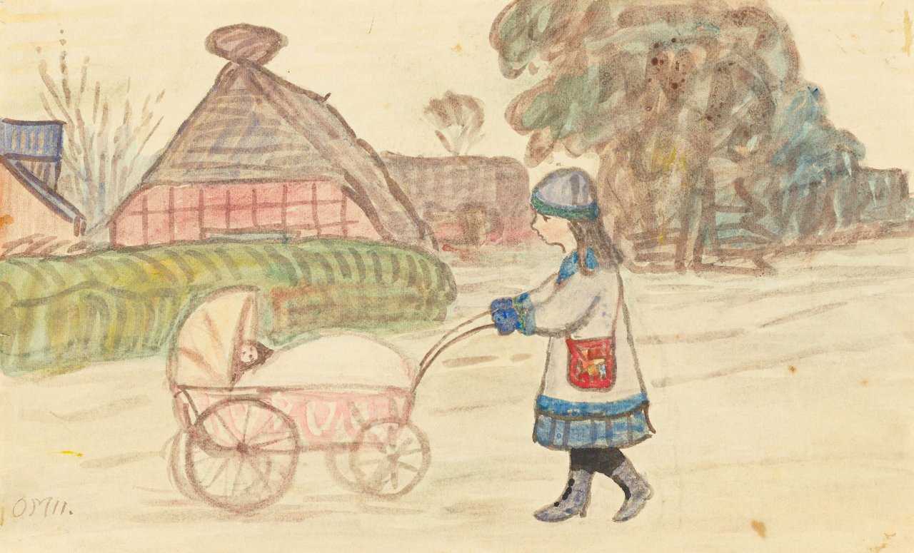 Auf diesem Bild ist das folgende Kunstwerk zu sehen: Otto Modersohn. Mathilde Modersohn mit Kinderwagen in Fischerhude. 1911.