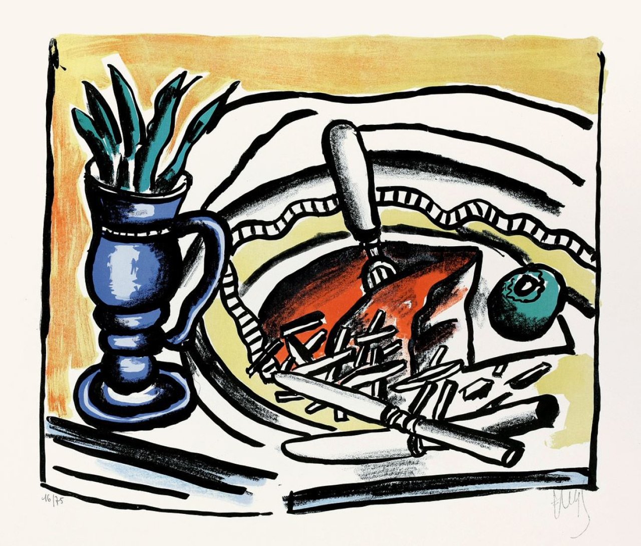 Auf diesem Bild ist das folgende Kunstwerk zu sehen: Fernand Léger. „Nature morte au vase bleu“. 1951.