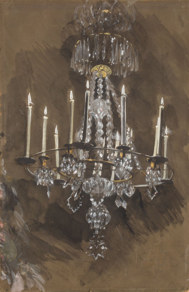 Auf diesem Bild ist das folgende Kunstwerk zu sehen: Adolph Menzel. Kristallkronleuchter („Studie zum Flötenkonzert“). 1852.