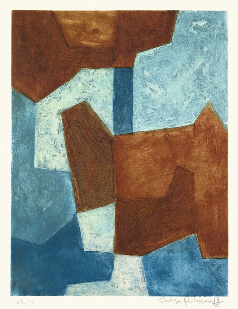 Auf diesem Bild ist das folgende Kunstwerk zu sehen: Serge Poliakoff. „Composition bleue et rouge“. 1965.