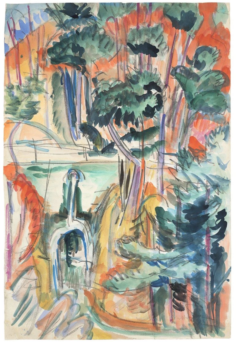 Auf diesem Bild ist das folgende Kunstwerk zu sehen: Ernst Ludwig Kirchner. Taunuslandschaft mit Brücke. 1916.