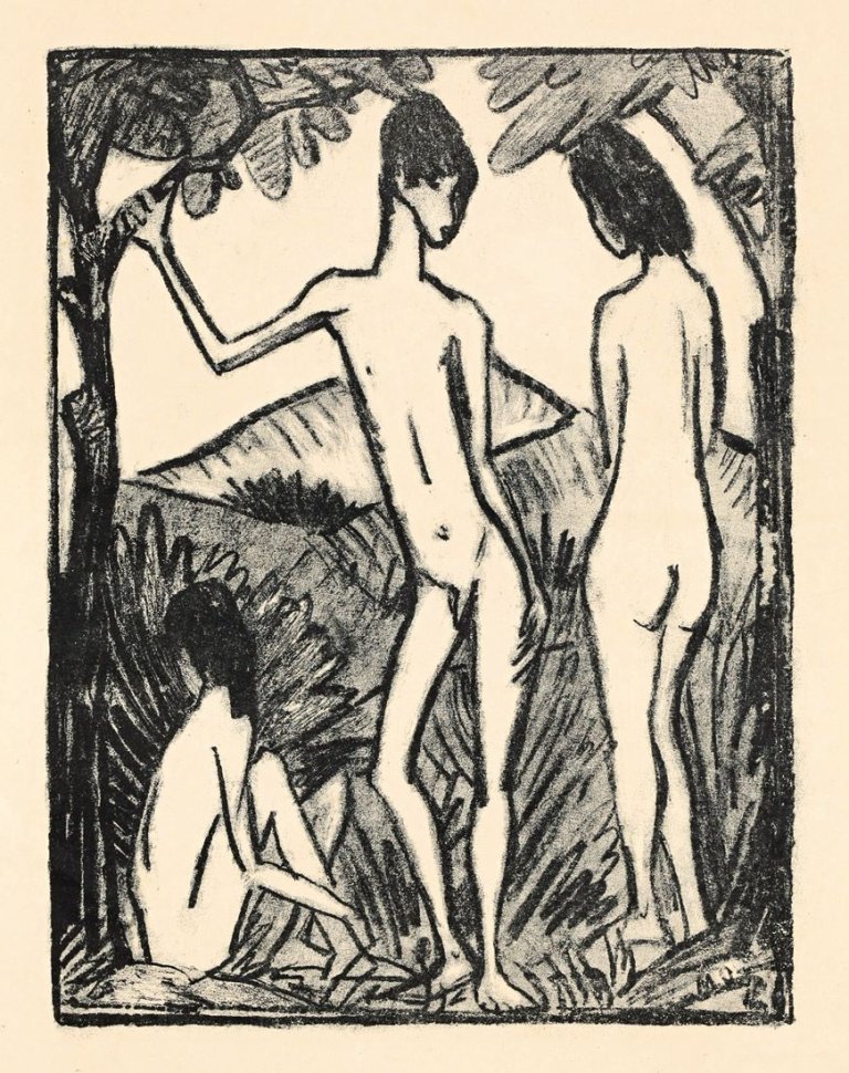 Auf diesem Bild ist das folgende Kunstwerk zu sehen: Otto Mueller. „Stehender Knabe mit zwei Mädchen“. 1917.