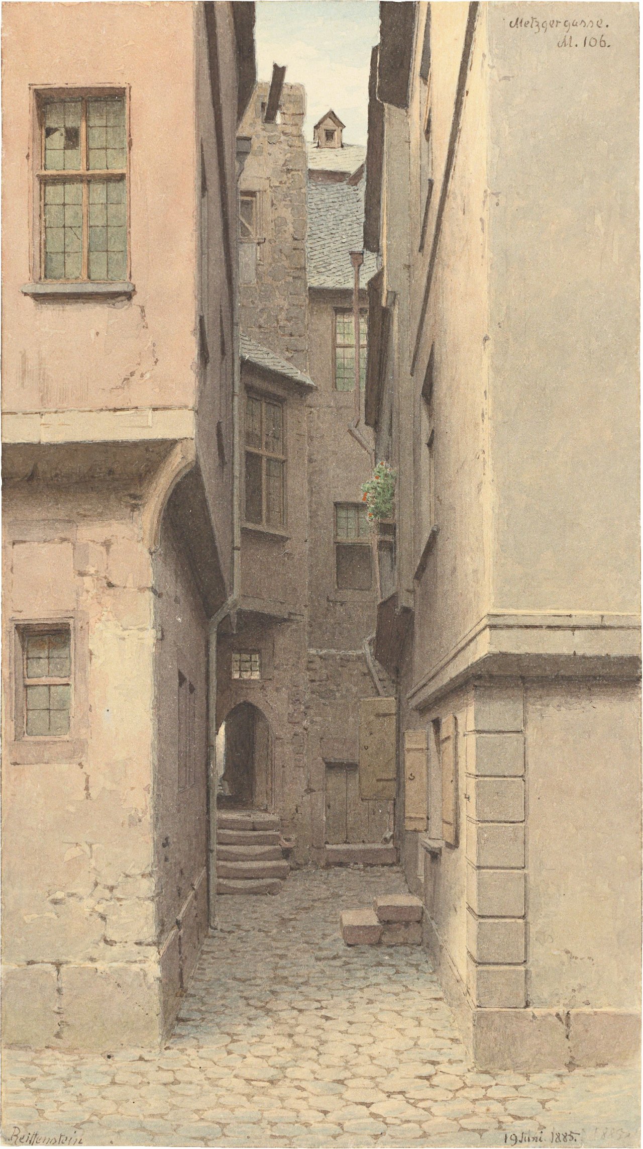 Auf diesem Bild ist das folgende Kunstwerk zu sehen: Carl Theodor Reiffenstein. Die Metzgergasse in Frankfurt am Main. 1855.