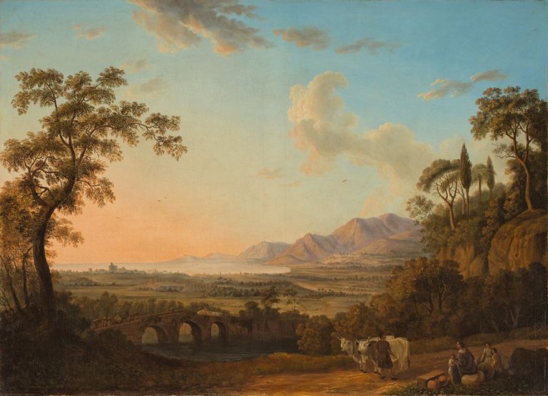 Auf diesem Bild ist das folgende Kunstwerk zu sehen: Jakob Philipp Hackert. Italienische Landschaft. (Nach) 1782.