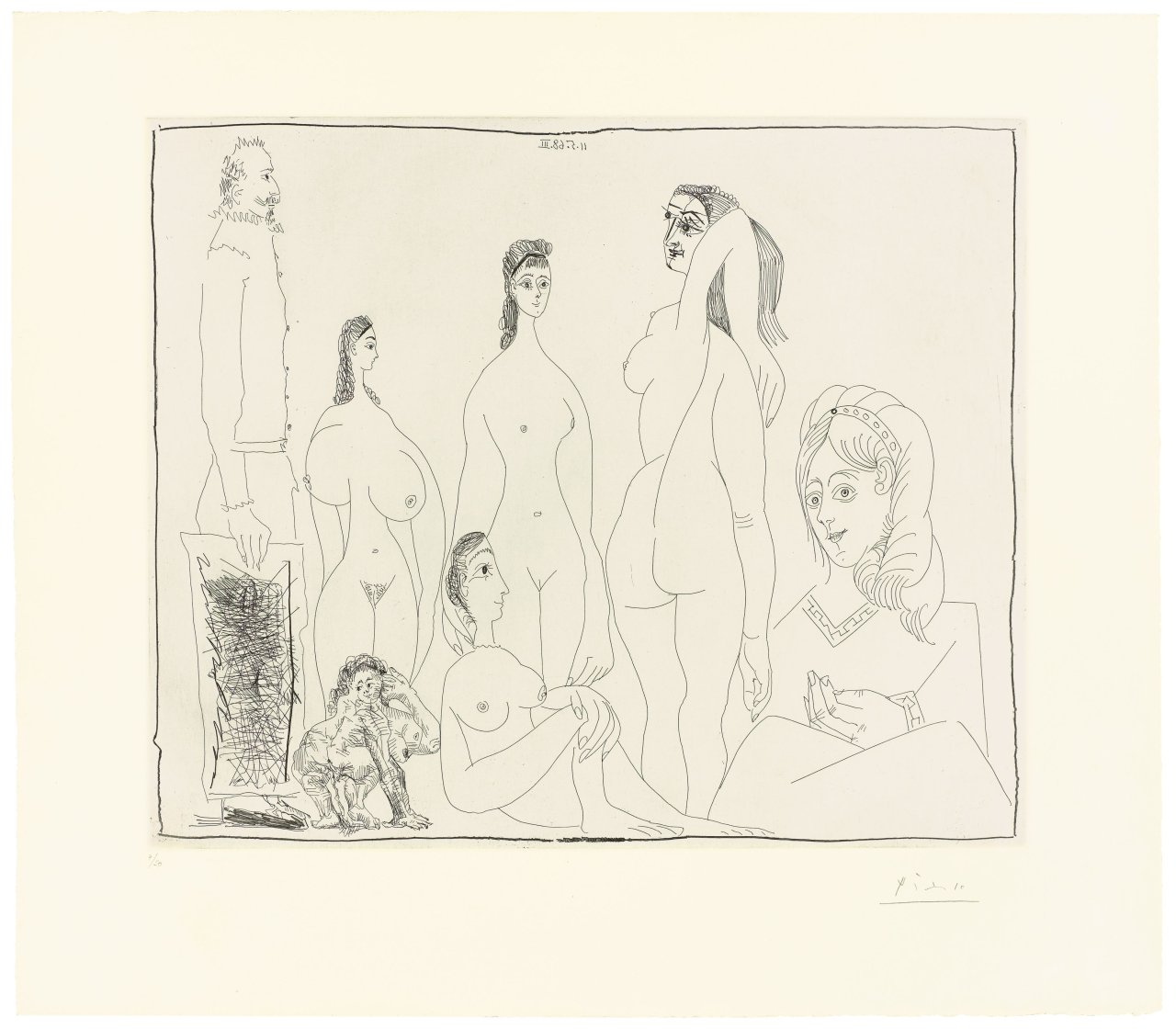 Auf diesem Bild ist das folgende Kunstwerk zu sehen: Pablo Picasso. „Peintre longiline avec des femmes dont une petite pisseuse“. 1968.
