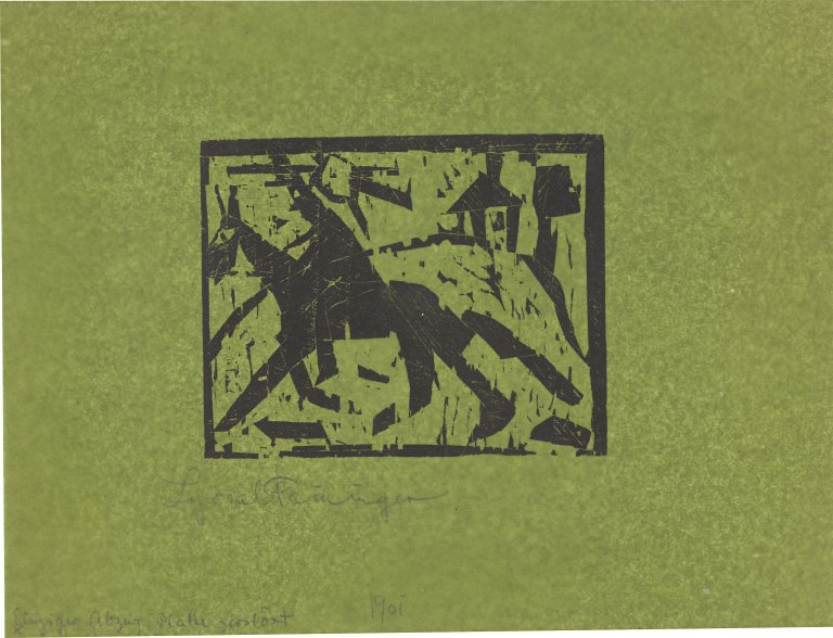 Auf diesem Bild ist das folgende Kunstwerk zu sehen: Lyonel Feininger. „Reiter in einer Landschaft“. Um 1918/19.