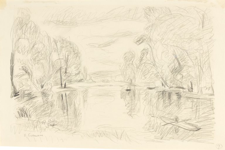 Auf diesem Bild ist das folgende Kunstwerk zu sehen: Hans Purrmann. „Teich mit Ruderboot“. 1925.