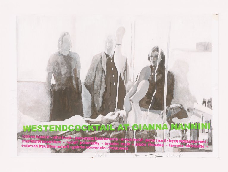 Auf diesem Bild ist das folgende Kunstwerk zu sehen: Franz West. „Plakatentwurf (Westendcocktail). Mit einem Foto von Octavian Trautmansdorff“. 2009.