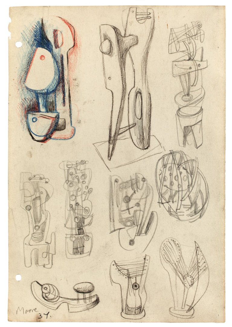 Auf diesem Bild ist das folgende Kunstwerk zu sehen: Henry Moore. „Ideas for sculpture“. 1937.