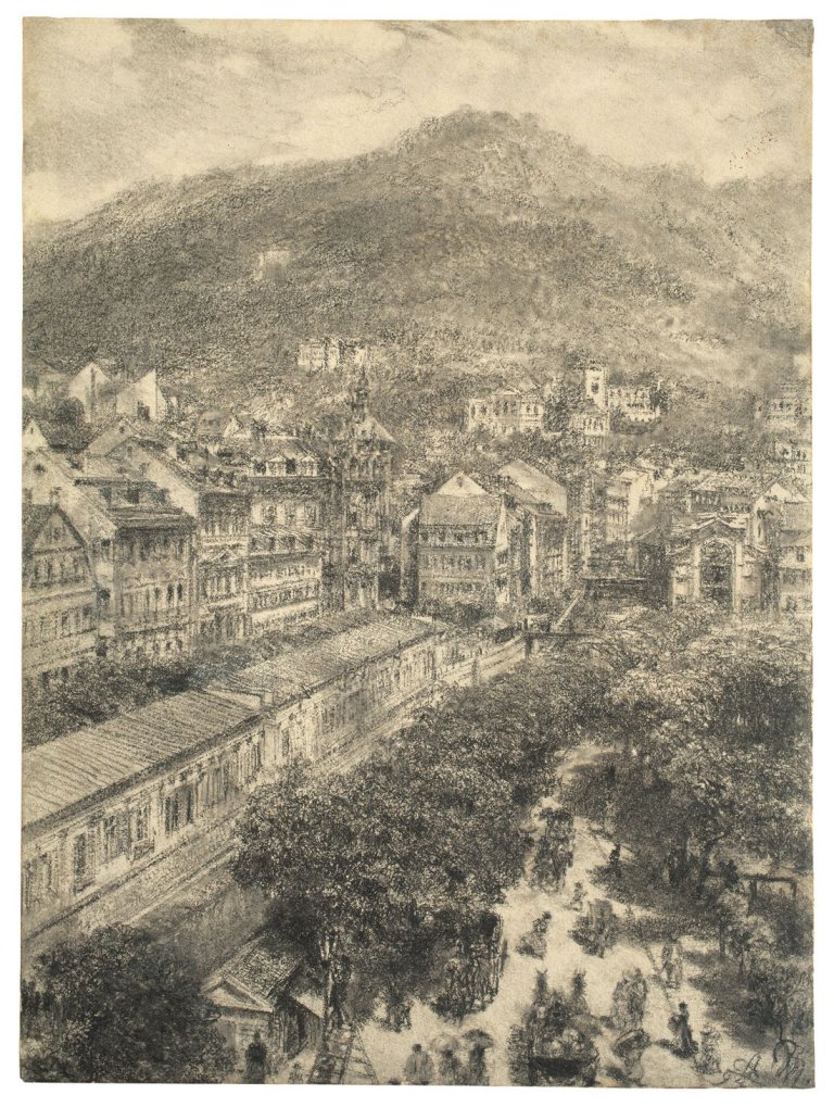 Auf diesem Bild ist das folgende Kunstwerk zu sehen: Adolph Menzel. Blick über Karlsbad. 1894.