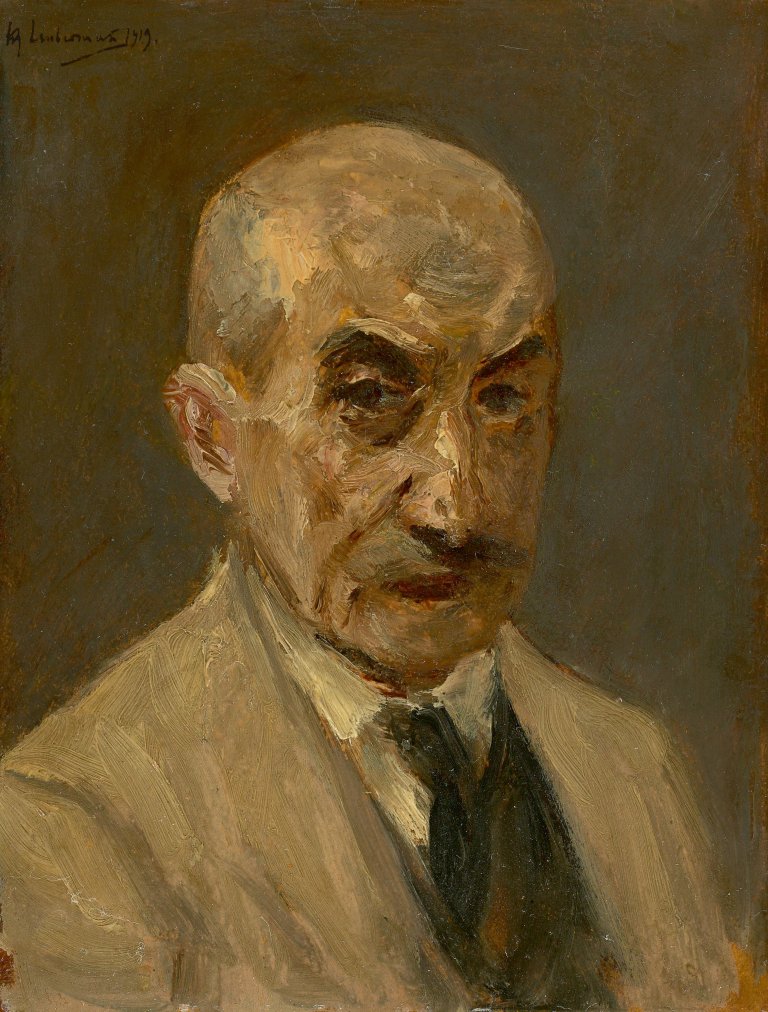 Auf diesem Bild ist das folgende Kunstwerk zu sehen: Max Liebermann. „Selbstbildnis im Malkittel, Büste nach rechts“. 1919.