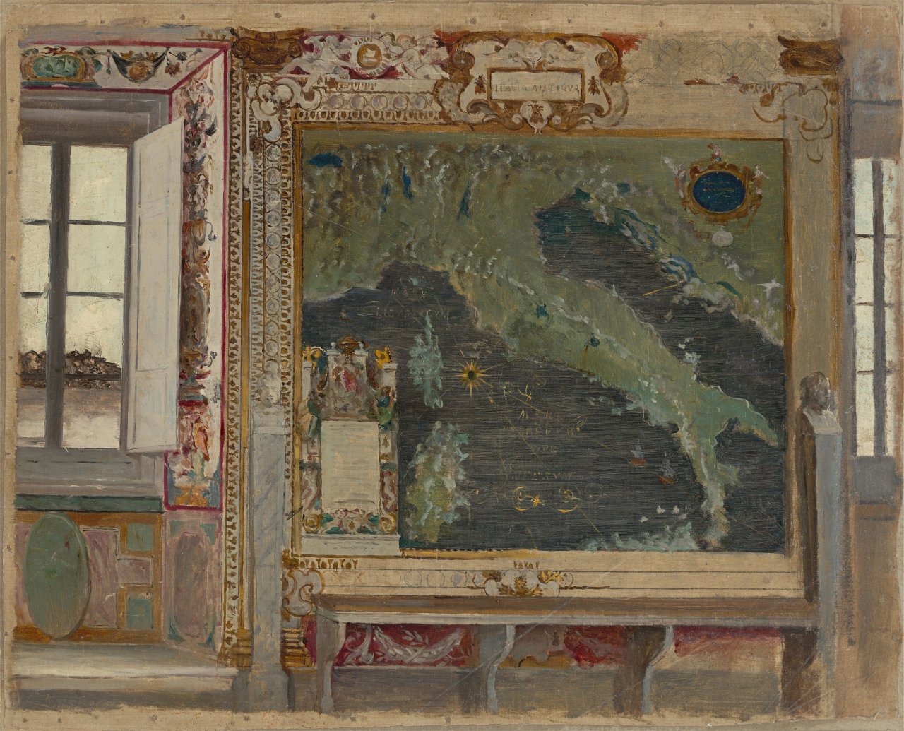 Auf diesem Bild ist das folgende Kunstwerk zu sehen:  Französisch (?), um 1860. Wandgemälde zwischen zwei Fenstern in der Galleria delle carte geografiche in Vaticano.