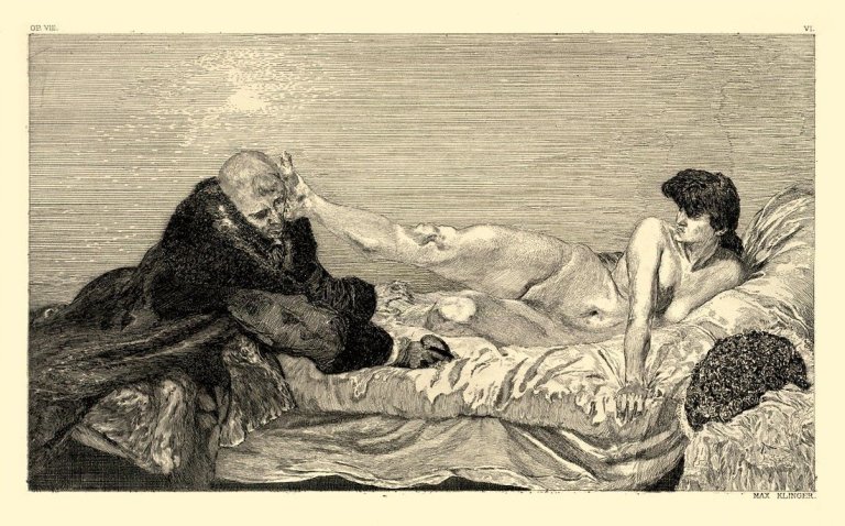 Auf diesem Bild ist das folgende Kunstwerk zu sehen: Max Klinger. Aus: „Ein Leben Opus VII“. 1884.