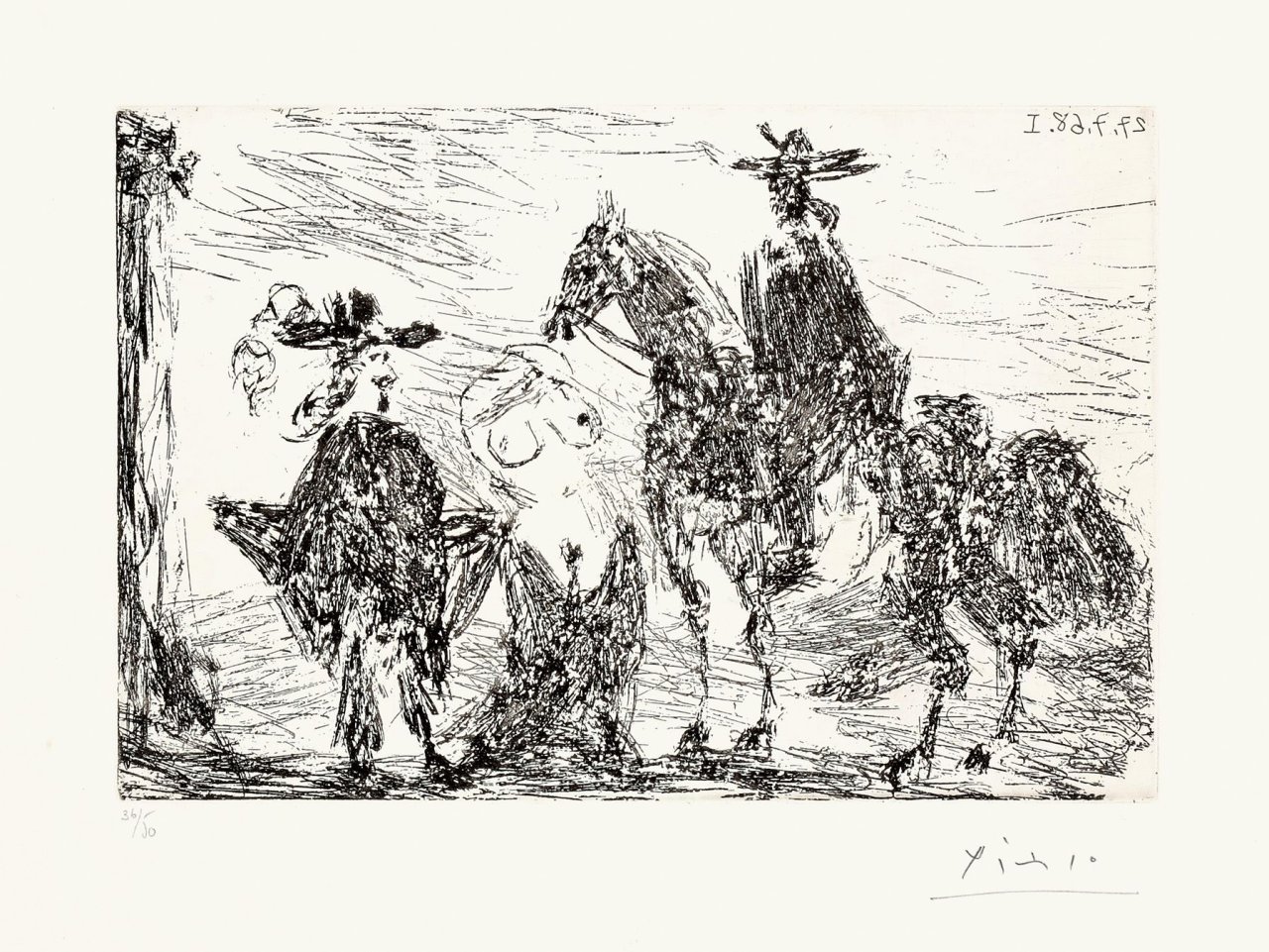 Auf diesem Bild ist das folgende Kunstwerk zu sehen: Pablo Picasso. „Gentilhomme, Femme honteuse et Reitre“. 1968.