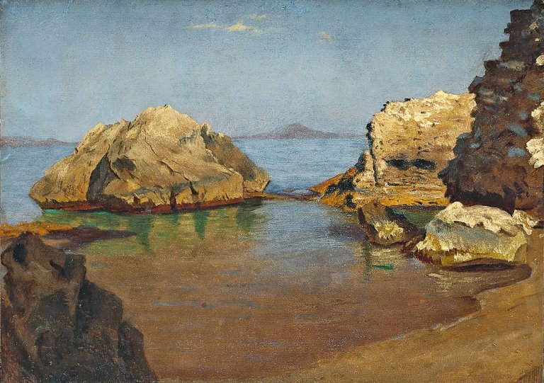 Auf diesem Bild ist das folgende Kunstwerk zu sehen: Carl Robert Kummer. Felsen am Meeresstrand.