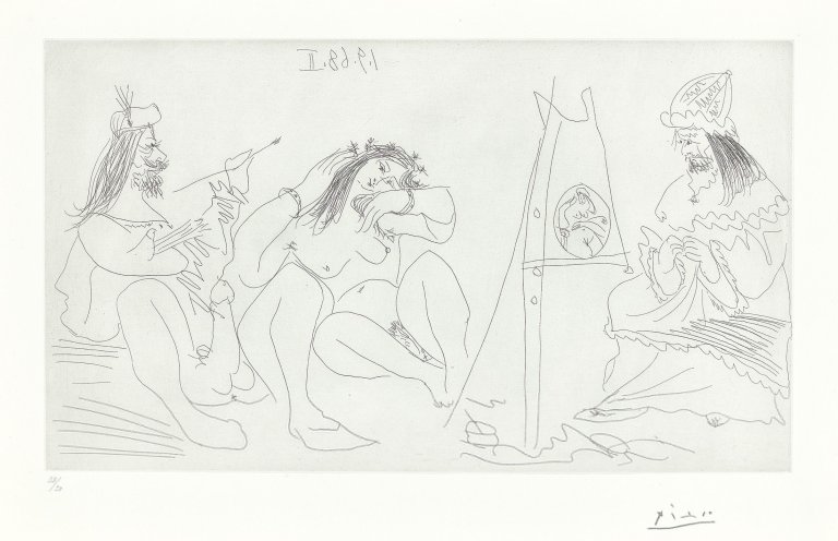 Auf diesem Bild ist das folgende Kunstwerk zu sehen: Pablo Picasso. „Raphael et la Fornarina. VII: Le pape est là, assis“. 1968.
