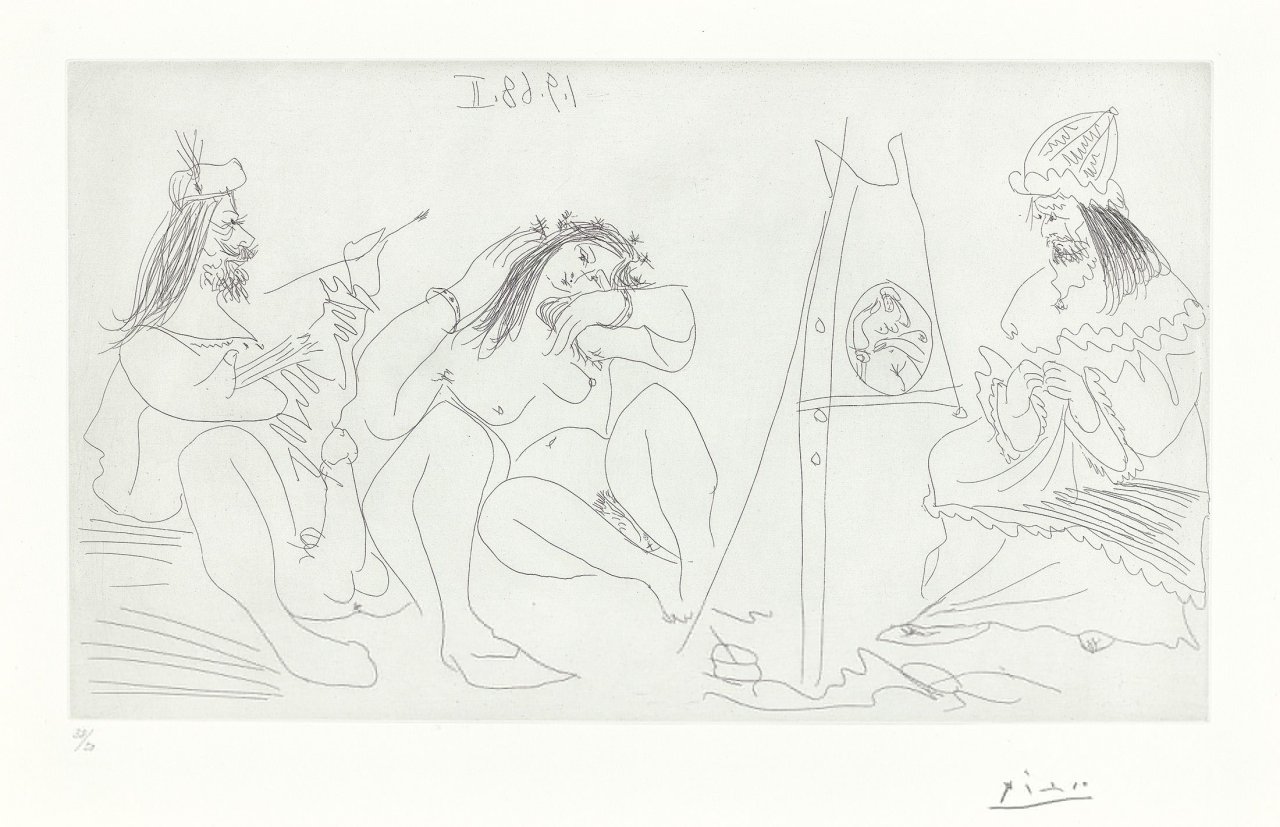 This picture shows the following artwork: Pablo Picasso. „Raphael et la Fornarina. VII: Le pape est là, assis“. 1968.