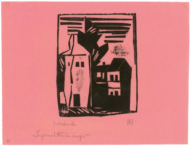 Auf diesem Bild ist das folgende Kunstwerk zu sehen: Lyonel Feininger. „Pariser Hohe Häuser“. 1918.