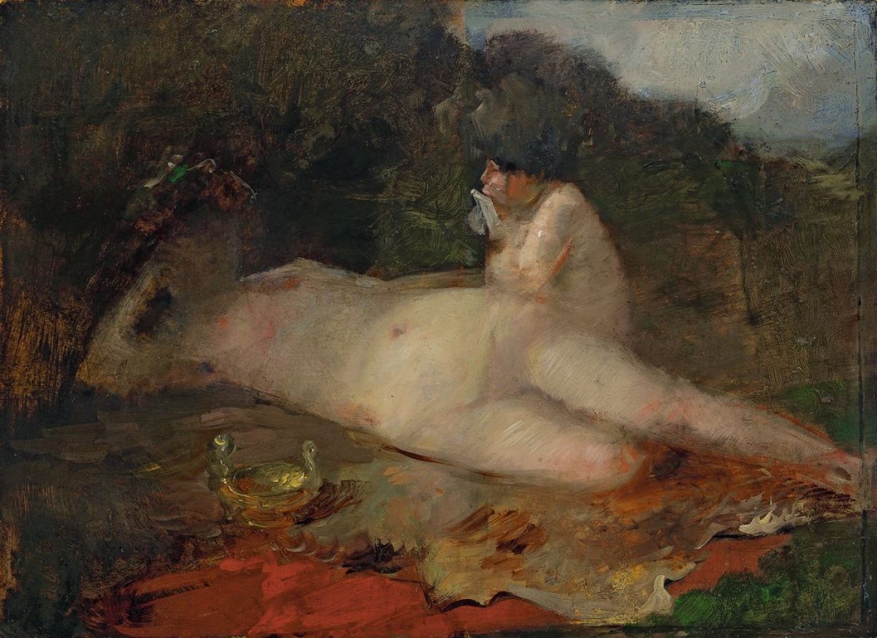 Auf diesem Bild ist das folgende Kunstwerk zu sehen: Lovis Corinth. Nymphe und flötender Faun. Um 1885.