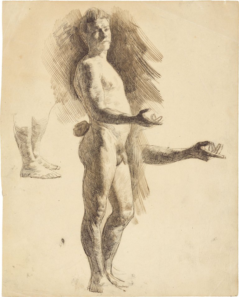 Auf diesem Bild ist das folgende Kunstwerk zu sehen:  Deutsch, um 1880. Stehender Männerakt / Frau am Tisch (2 Studienblätter).