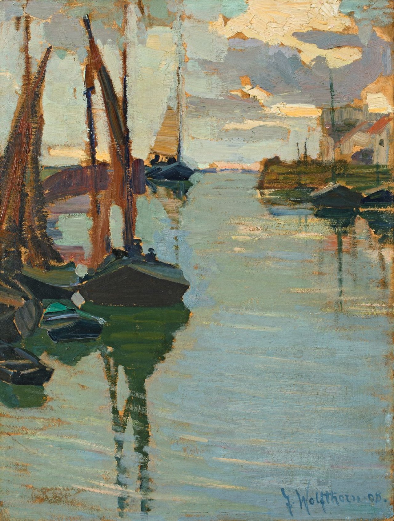 Auf diesem Bild ist das folgende Kunstwerk zu sehen: Julie Wolfthorn. „Segelboote (Veere in Holland)“. 1908.