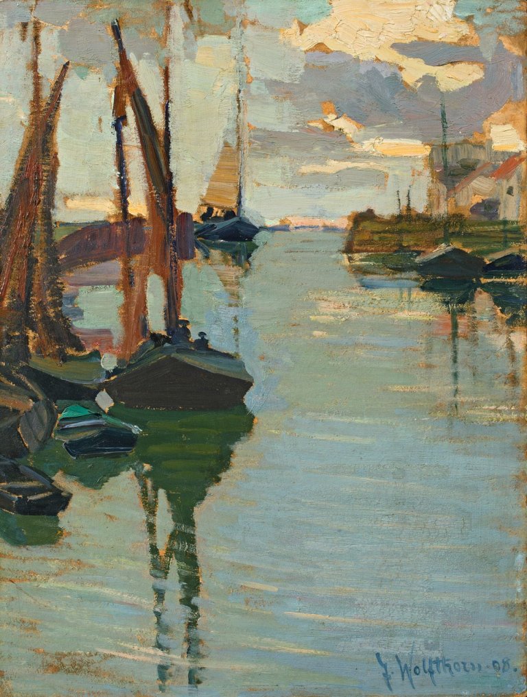 Auf diesem Bild ist das folgende Kunstwerk zu sehen: Julie Wolfthorn. „Segelboote (Veere in Holland)“. 1908.