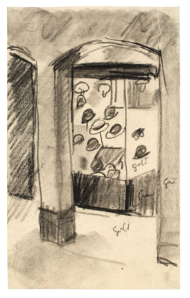 Auf diesem Bild ist das folgende Kunstwerk zu sehen: August Macke. „Hutladen im Laubengang, Thun“. 1913.