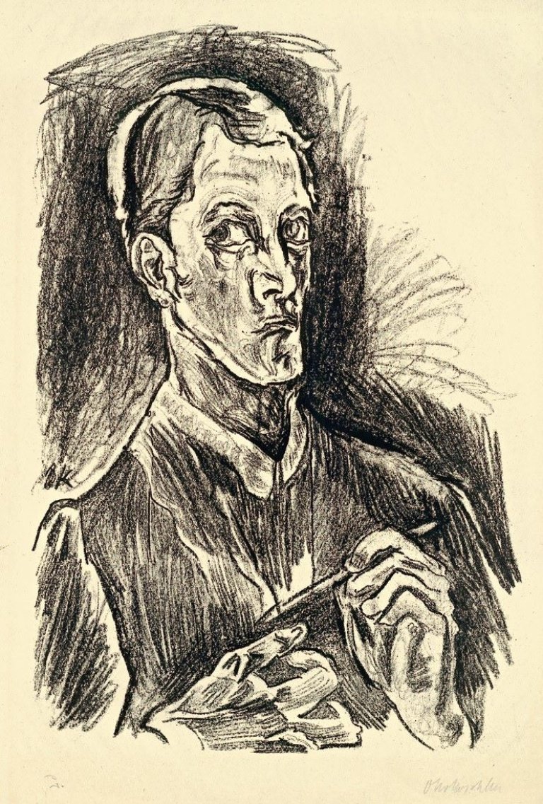 Auf diesem Bild ist das folgende Kunstwerk zu sehen: Oskar Kokoschka. „Selbstbildnis (Brustbild mit Zeichenstift)“. 1914.