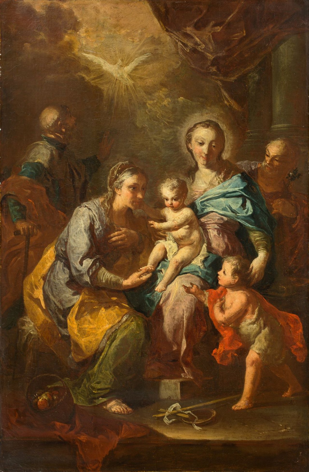 Auf diesem Bild ist das folgende Kunstwerk zu sehen: Giovanni Battista Rossi. Die heilige Familie mit Anna, Joachim und dem Johannesknaben – Bozzetto eines Altarbildes für San Ferdinando in Neapel. 1758.