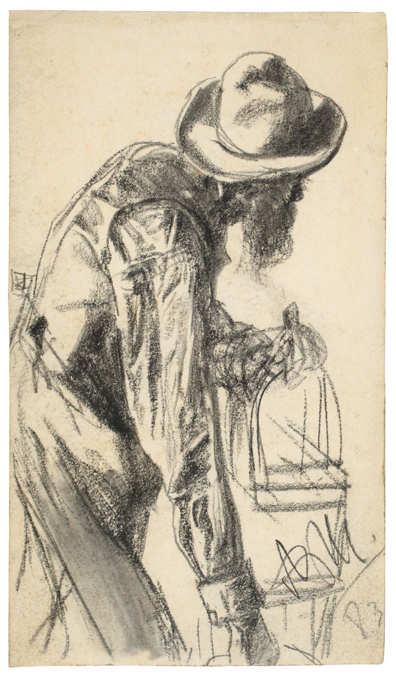 Auf diesem Bild ist das folgende Kunstwerk zu sehen: Adolph Menzel. Mann mit einem Vogelkäfig. 1883.