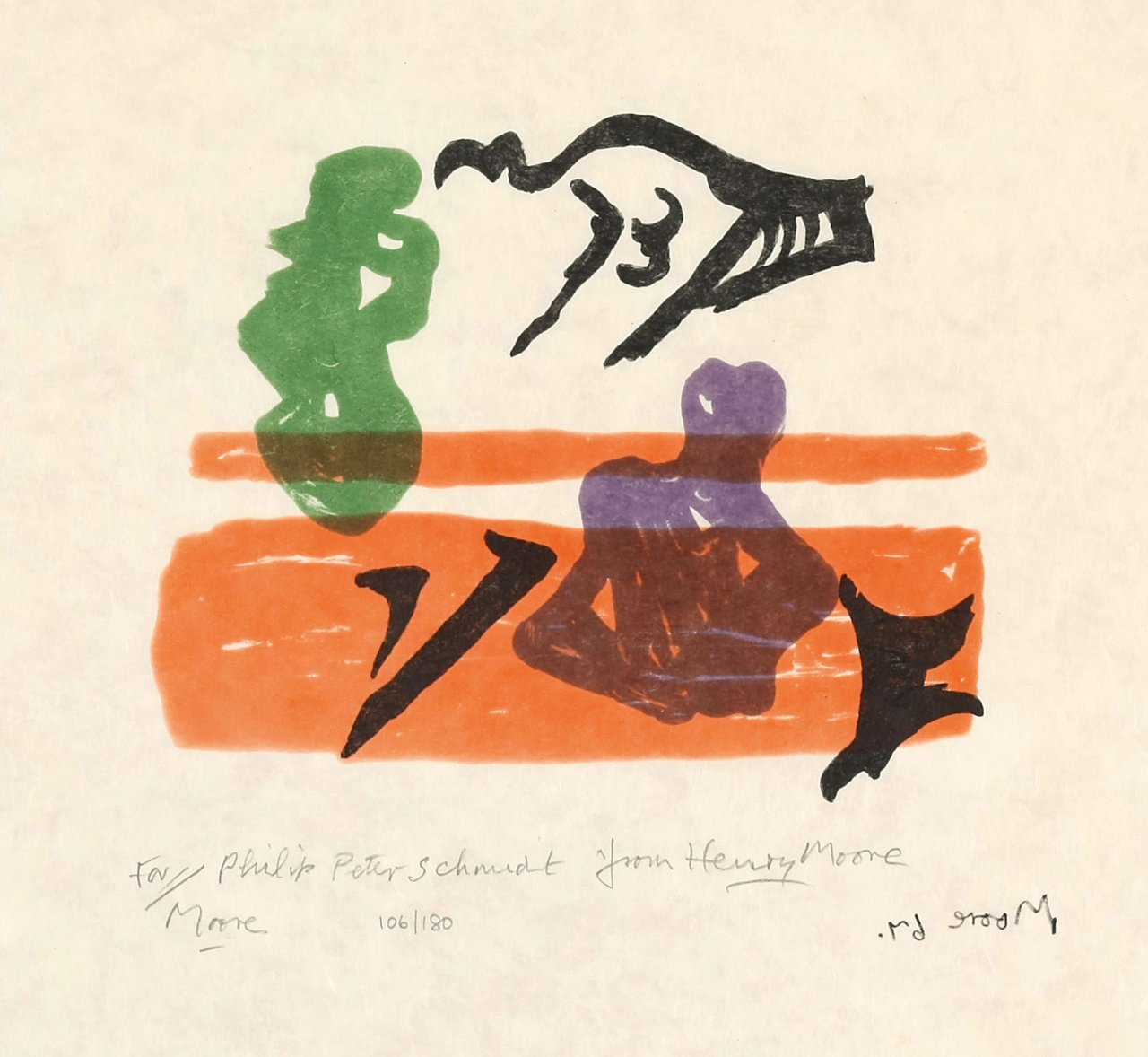 Auf diesem Bild ist das folgende Kunstwerk zu sehen: Henry Moore. „Violet torso on orange stripes“. 1967.