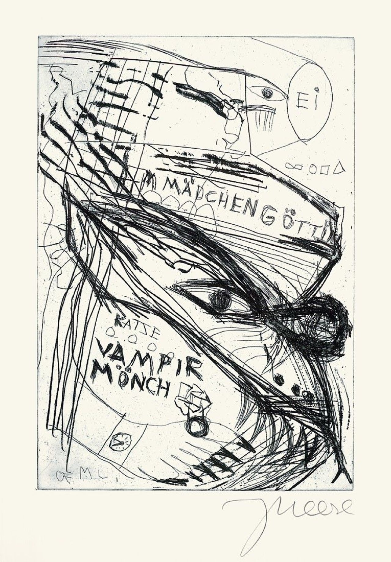 Auf diesem Bild ist das folgende Kunstwerk zu sehen: Jonathan Meese. „Die Exe Schrympylei“ / „Der hohlste Kunsthistoriker“ / „Der Junker Toni, Ohni“. 2007.