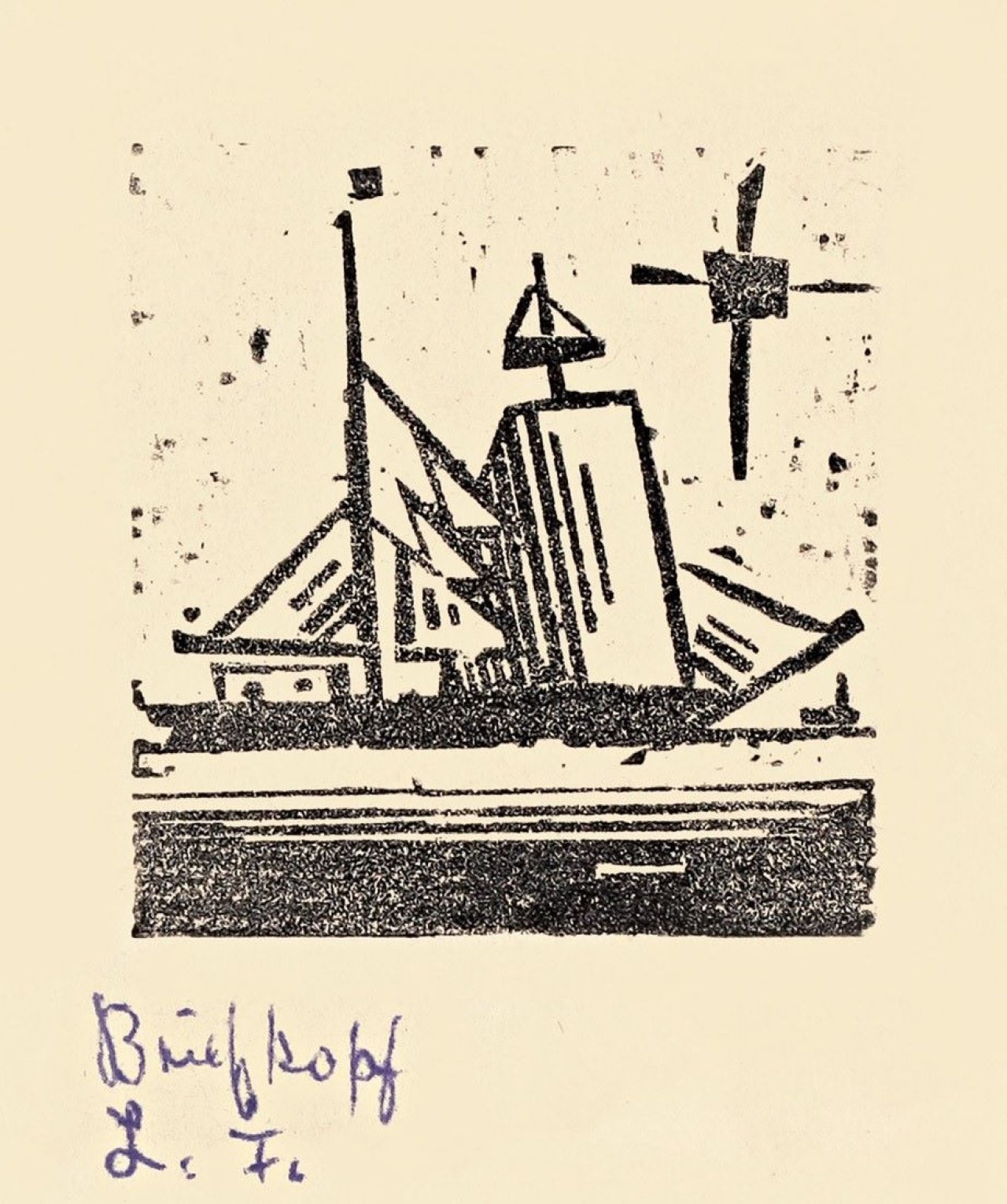 Auf diesem Bild ist das folgende Kunstwerk zu sehen: Lyonel Feininger. „Zweimastiges Schiff mit Sonne“. 1937.