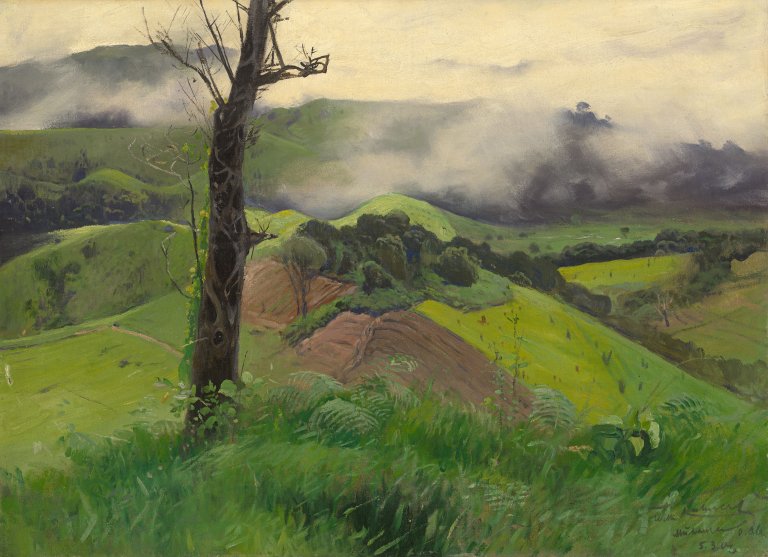 Auf diesem Bild ist das folgende Kunstwerk zu sehen: Wilhelm Kuhnert. „Afrikanische Landschaft im Morgennebel (Muhanga)“. 1906.