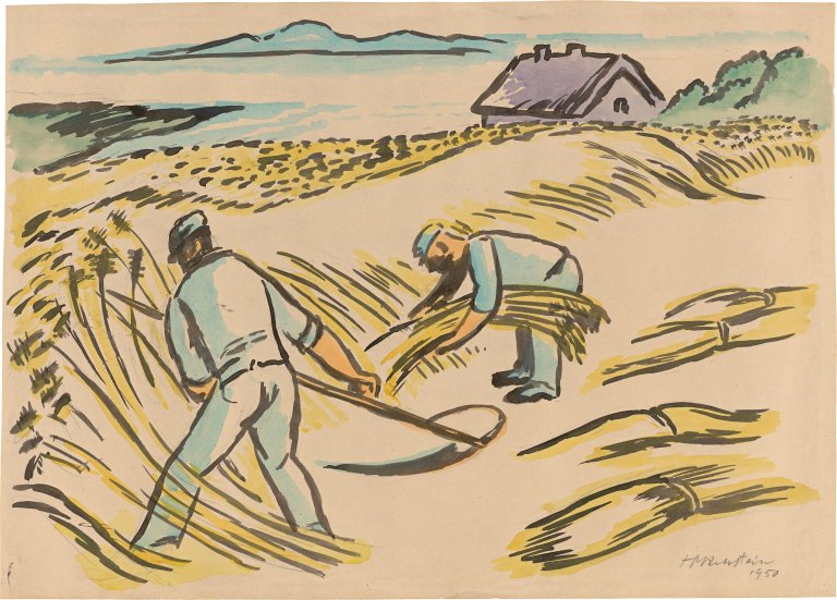 Auf diesem Bild ist das folgende Kunstwerk zu sehen: Max Pechstein. „Beim Mähen III“. 1950.