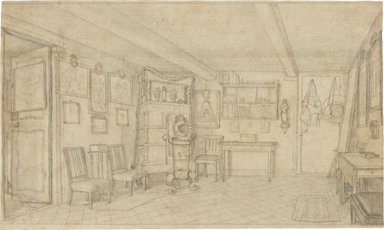 Auf diesem Bild ist das folgende Kunstwerk zu sehen: Carl Julius Milde. „Die hintere Hälfte des Wohnzimmers von Erwin und Otto Speckter am Valentinskamp“. Um 1825.