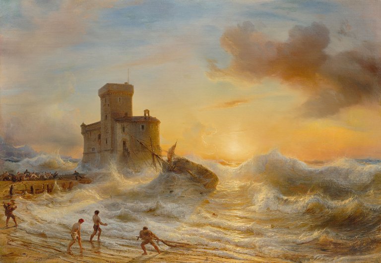 Auf diesem Bild ist das folgende Kunstwerk zu sehen: Théodore Gudin. Schiffswrack bei Castello sul Mare in Rapallo. 1833.