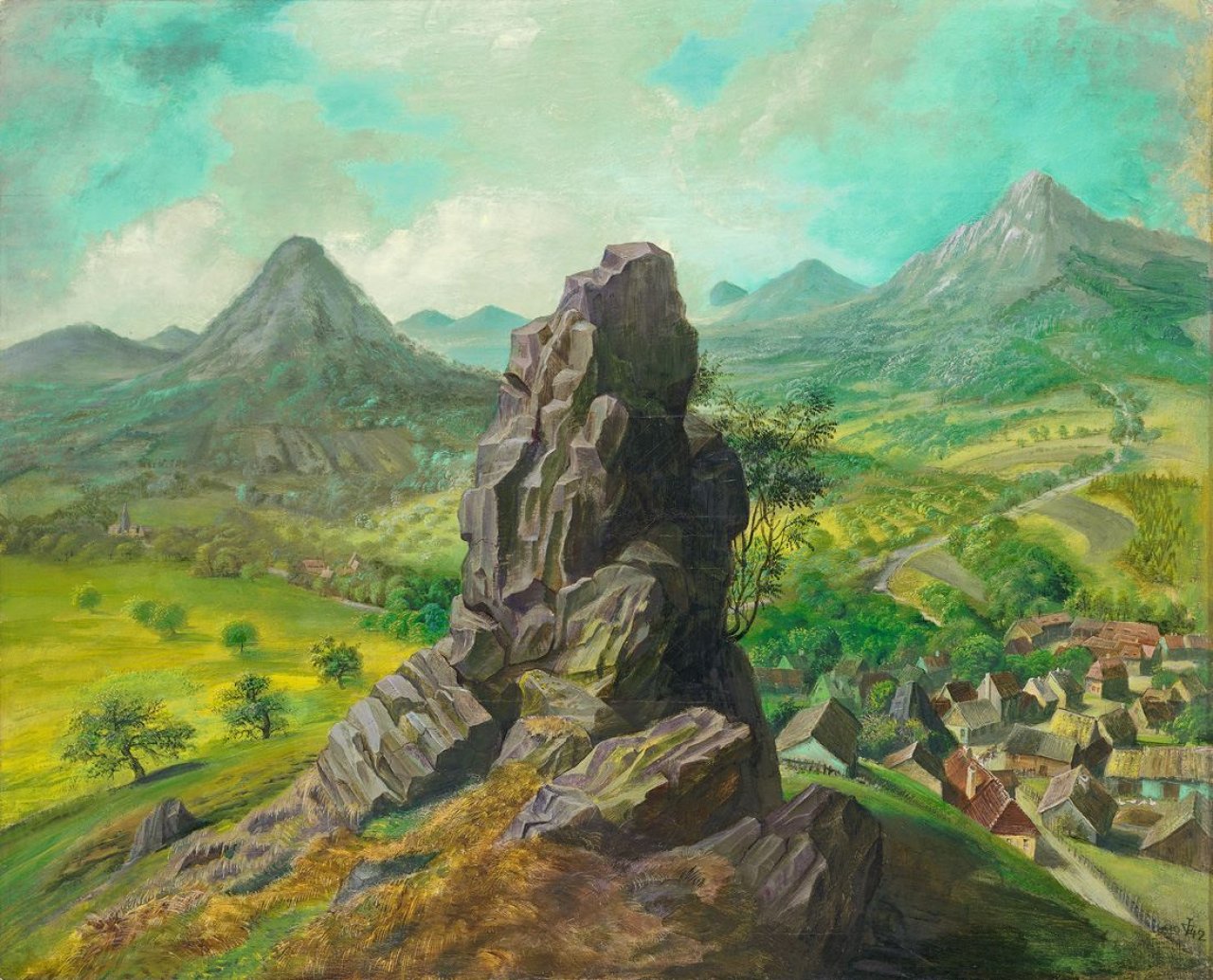 Auf diesem Bild ist das folgende Kunstwerk zu sehen: Otto Dix. „Landschaft im Böhmischen Mittelgebirge“. 1942.