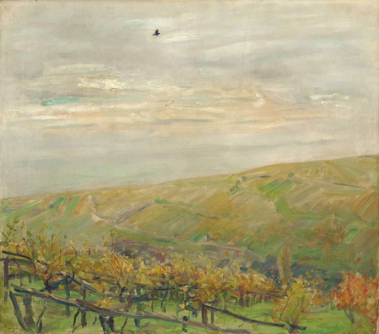 Auf diesem Bild ist das folgende Kunstwerk zu sehen: Max Slevogt. Landschaft mit fliegendem Vogel (Blick ins Leinsweiler Tal im Herbst). Um 1920.
