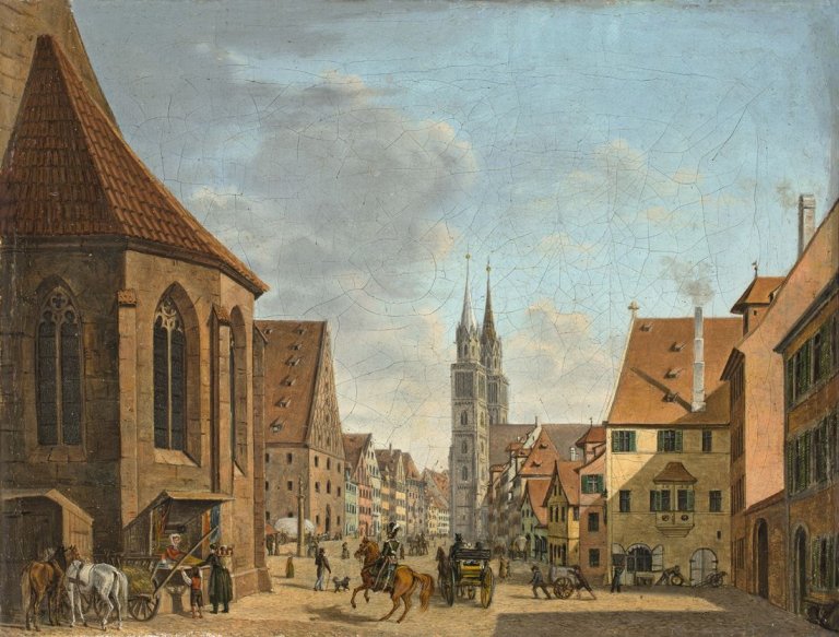 Auf diesem Bild ist das folgende Kunstwerk zu sehen: Johann Adam Klein. Die Königstraße in Nürnberg mit Blick auf St. Lorenz. Um 1822.