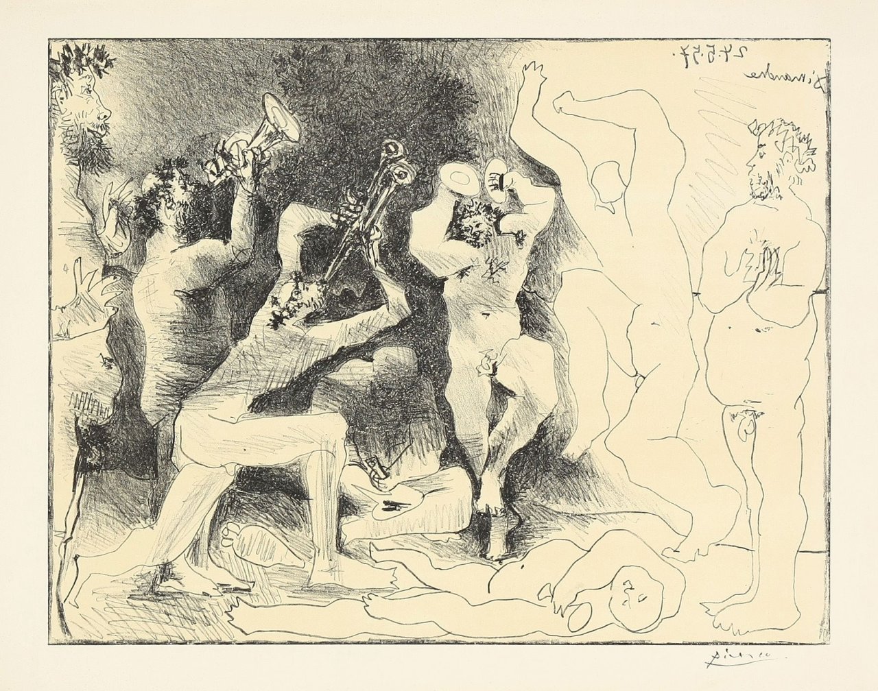 Auf diesem Bild ist das folgende Kunstwerk zu sehen: Pablo Picasso. „La danse des faunes“. 1957.