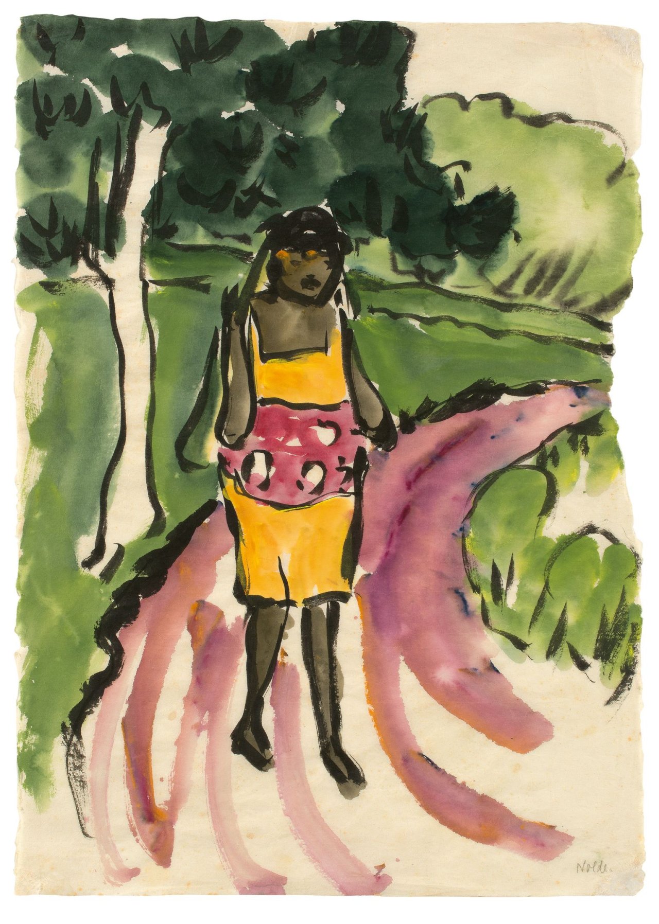 This picture shows the following artwork: Emil Nolde. Südseemädchen in Landschaft. Circa 1913/1914.