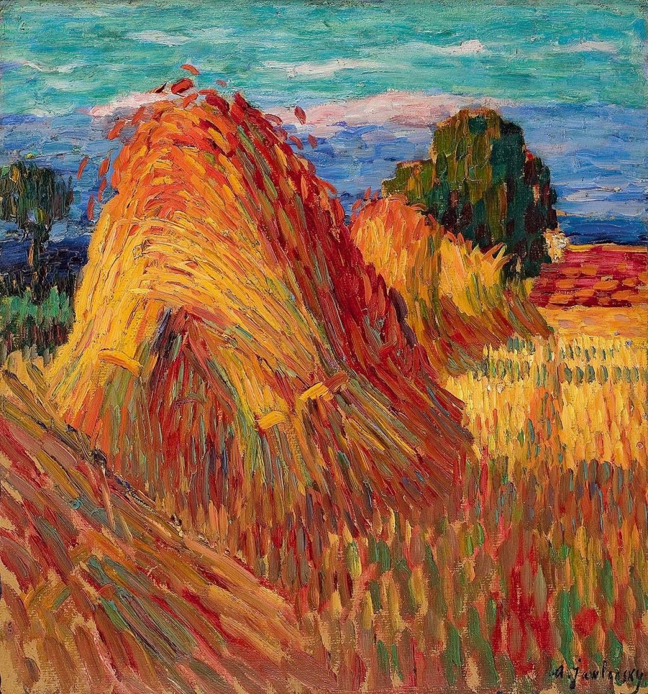 Auf diesem Bild ist das folgende Kunstwerk zu sehen: Alexej von Jawlensky. „Sommerlandschaft - Korngarben“. Um 1905.